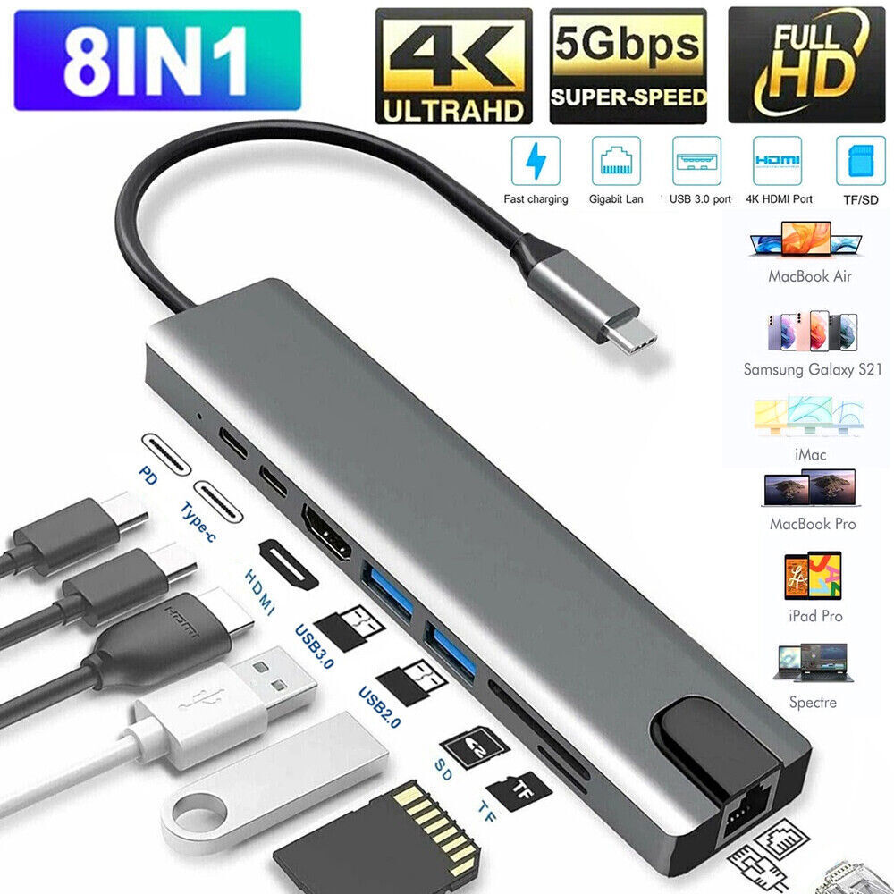 8 in 1 USB-C Hub Type C To USB 3.0 4K HDMI PD Adapter For iPhone Macbook Pro/Air