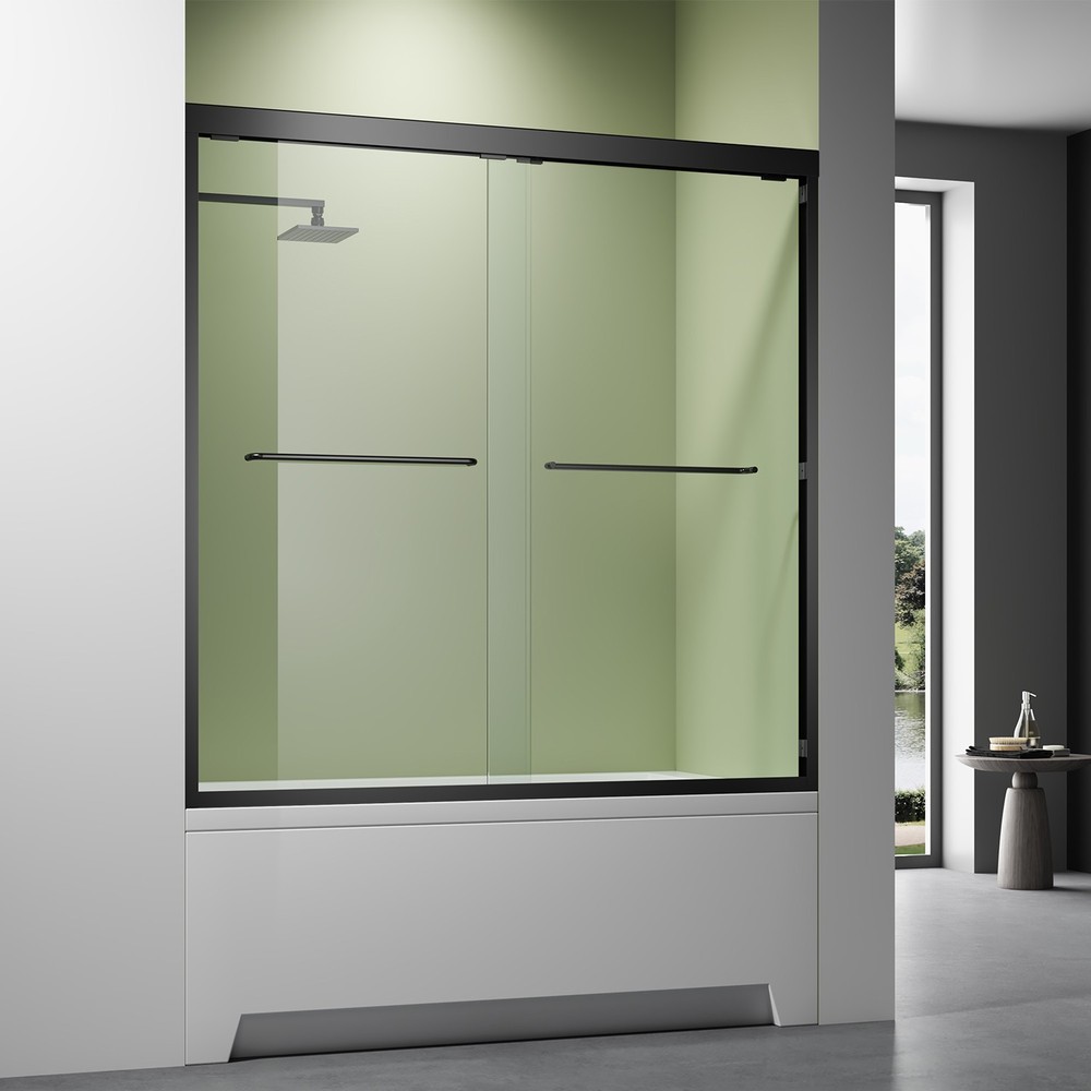 60W x 57H Black Frameless Shower Screen for Bathtub 1/4 Inch Tempered Glass Door