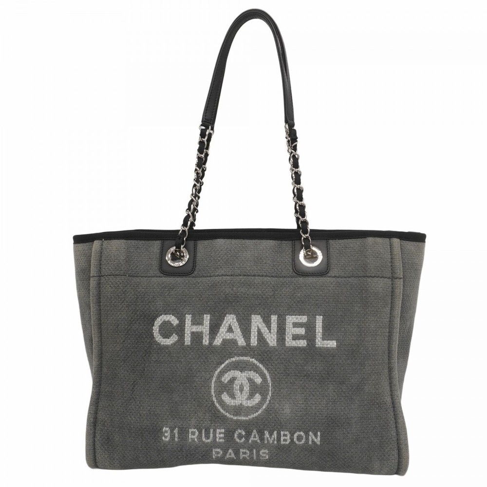 Chanel Deauville Canvas Tote Bag with Silver Chain Shoulder Strap 124290