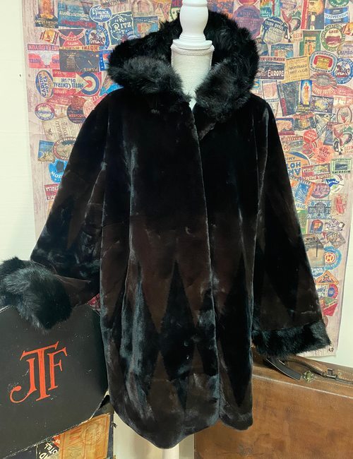 Nuage Black Brown Harlequin Faux Fur Hooded Coat Size 2X  