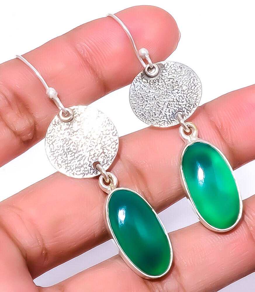 Green Onyx Textured 925 Sterling Silver Dangle Earrings 2.34 Inch