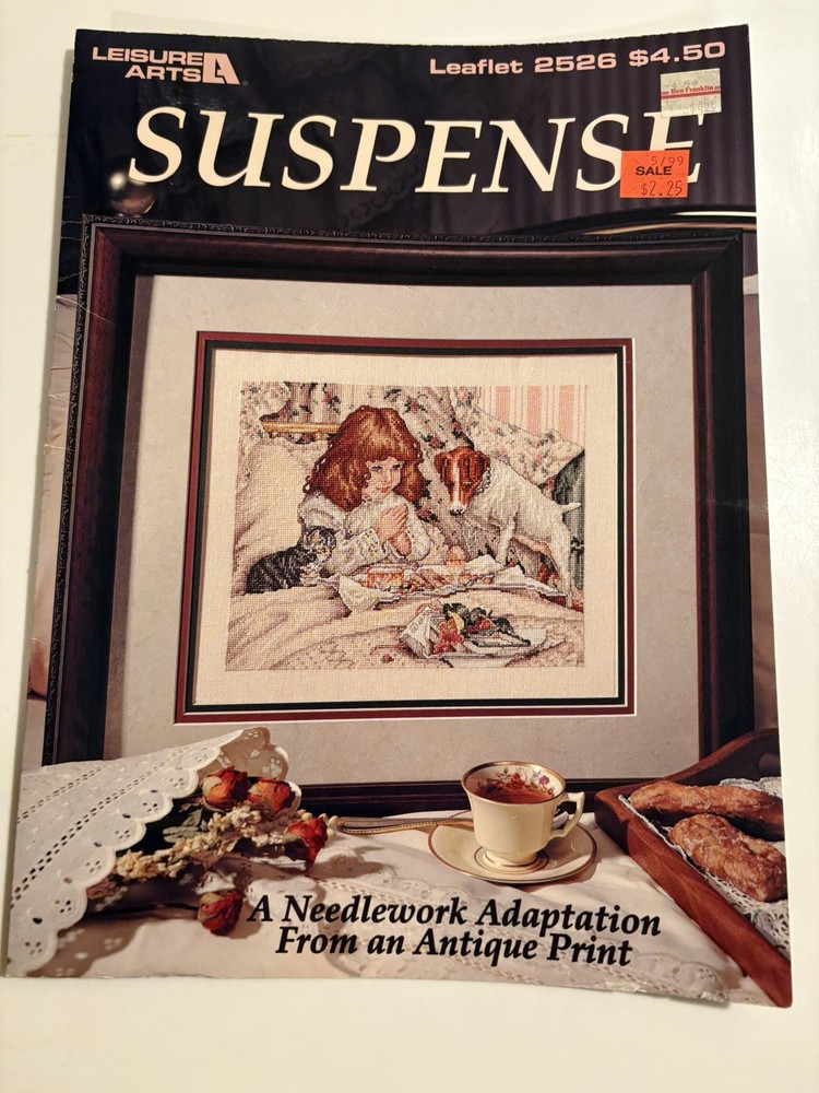 Leisure Arts SUSPENSE Cross Stitch leaflet #2526 ~ girl dog kitten food