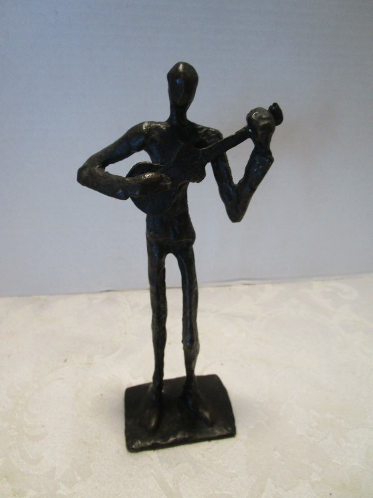 Vintage Brutalist Bronze Guitarist Sculpture 7.5 Inches Tall