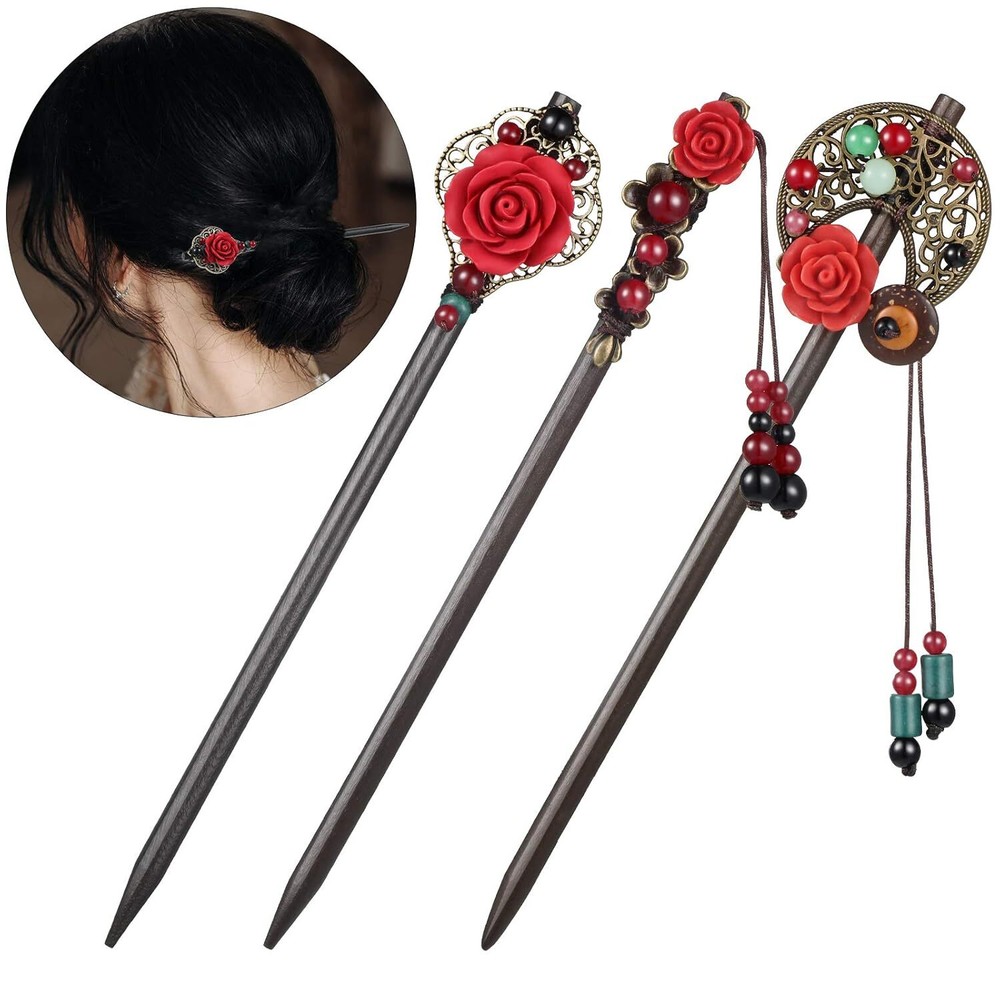 3 Pack Wooden Hair Sticks for Long Hair - Japanese Chinese Retro Style Hairpins