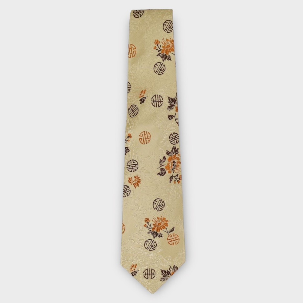 China Brocade Gold Silk Chinese Neck Tie Abstract Floral Embroidered