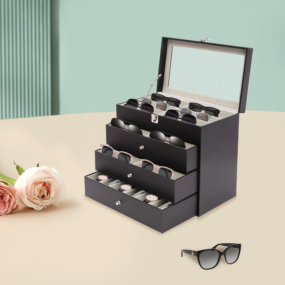 27 Slots 4 Layers Watch Box Organizer Sunglasses Jewelry Display Case Men Women
