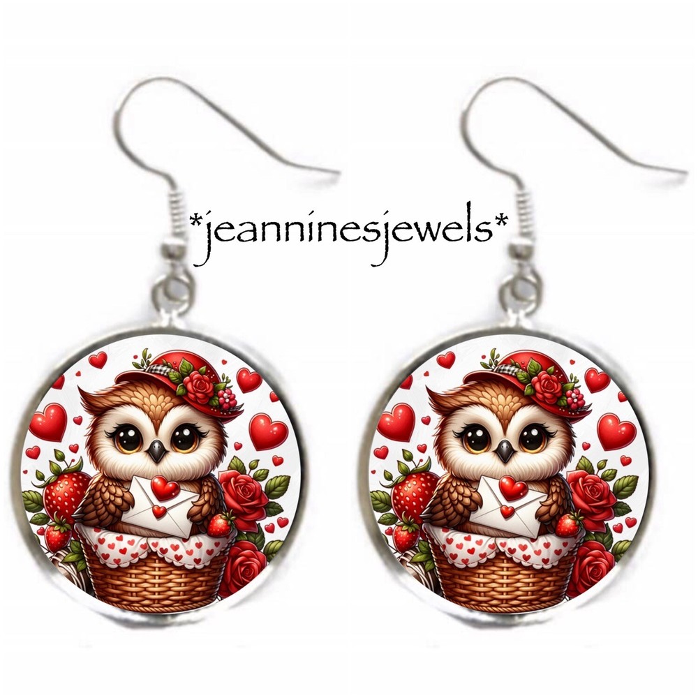 Valentines Day OWL EARRINGS Red Heart Bird Lover Gift Silver Charm Dangle