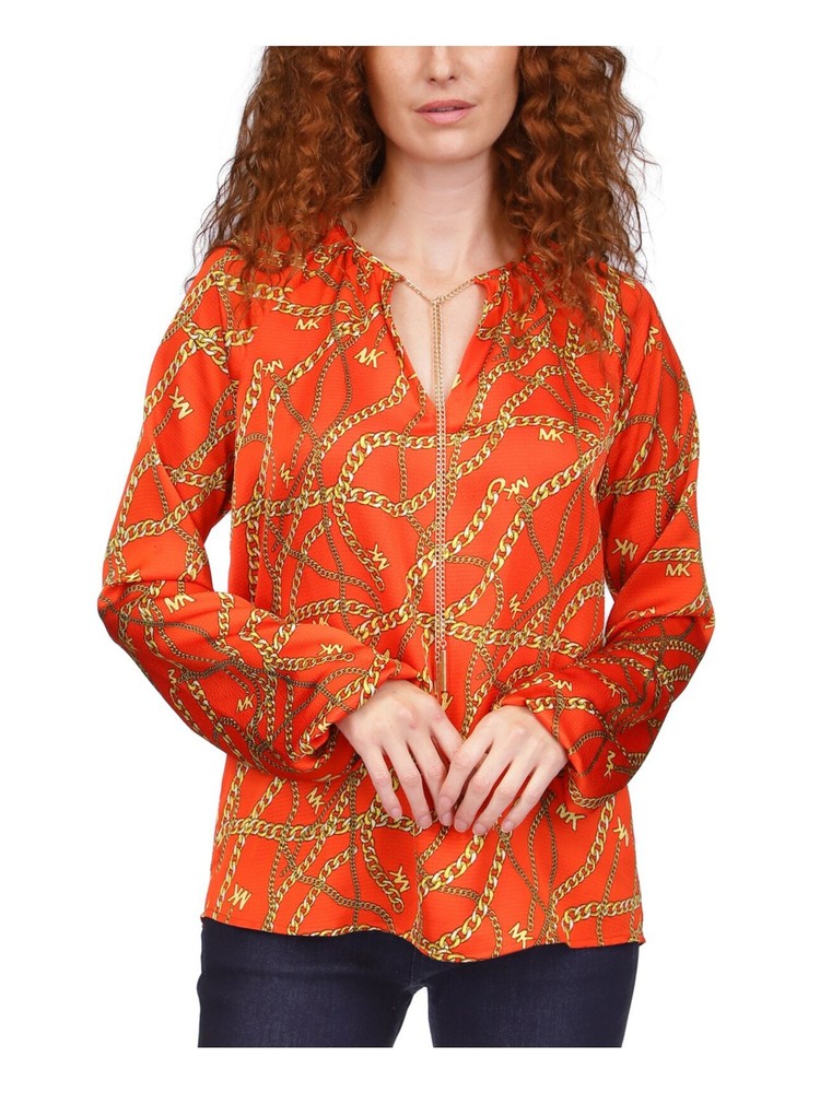 MICHAEL Michael Kors Women’s Orange Unlined Chain Tie Logo Split Top in Size XS for Stylish Comfort