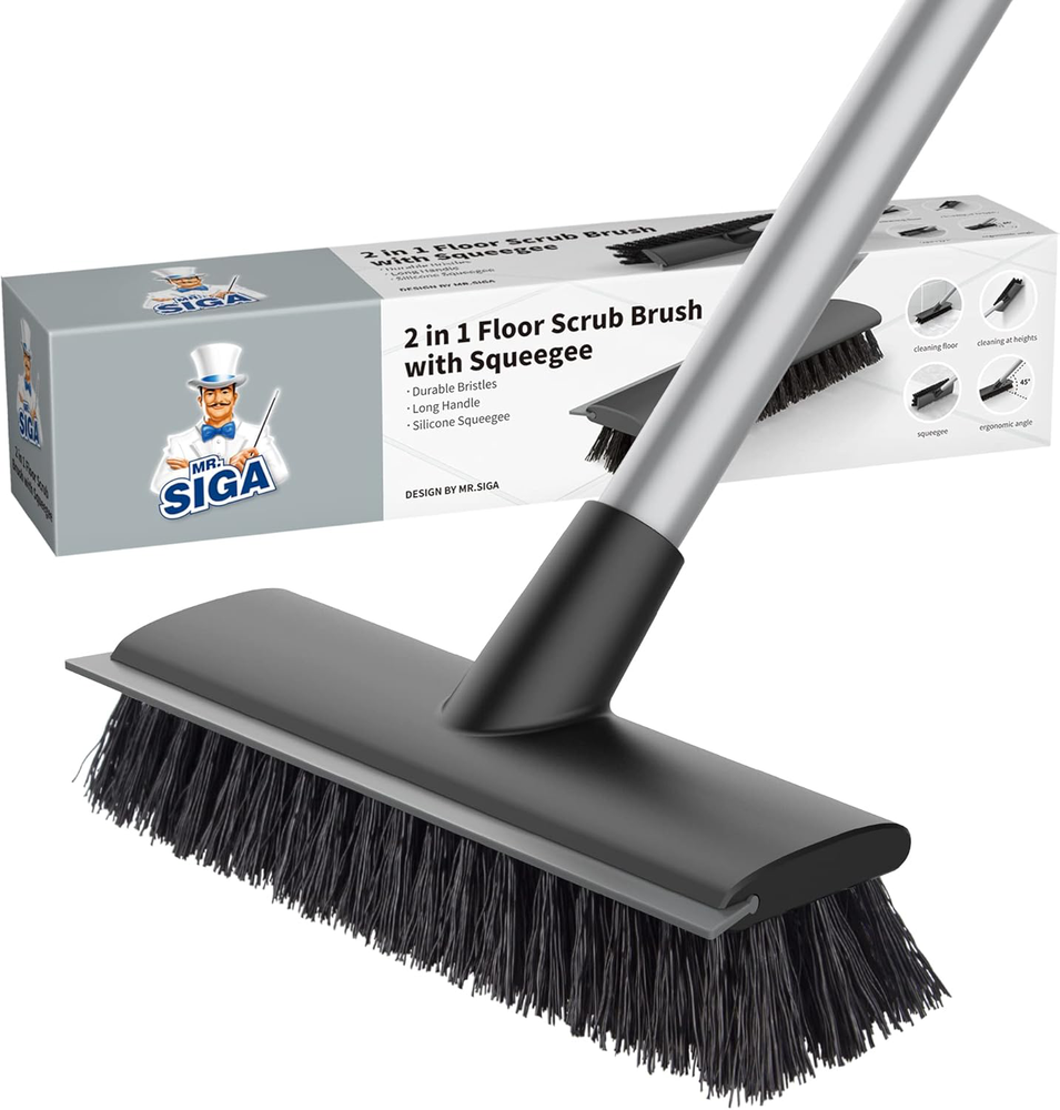 MR.SIGA Floor Scrub Brush with Long Handle, 2 in 1 Scrubber and Squeegee for