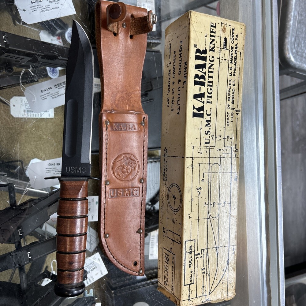 Vintage USA USMC KA-BAR 1217 US Marines Fighting Knife W/ Leather Sheath & Box