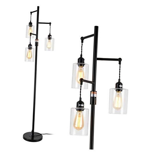 Industrial Floor Lamp with On/Off Dimmable Switch, 3-Head Rustic Tree Black