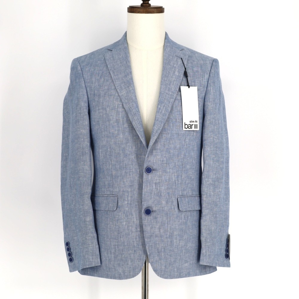 Bar III Men's Light Blue Linen Summer Casual Slim Formal Suit Jacket Size 36R