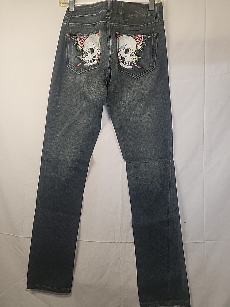 Ed Hardy Jeans Womens 25 Embroidered Straight Leg Stone Wash Denim Pants Art
