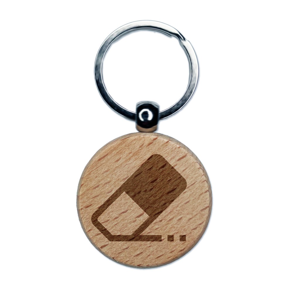 Flat Eraser Icon Homework School Engraved Wood Round Keychain Tag Charm