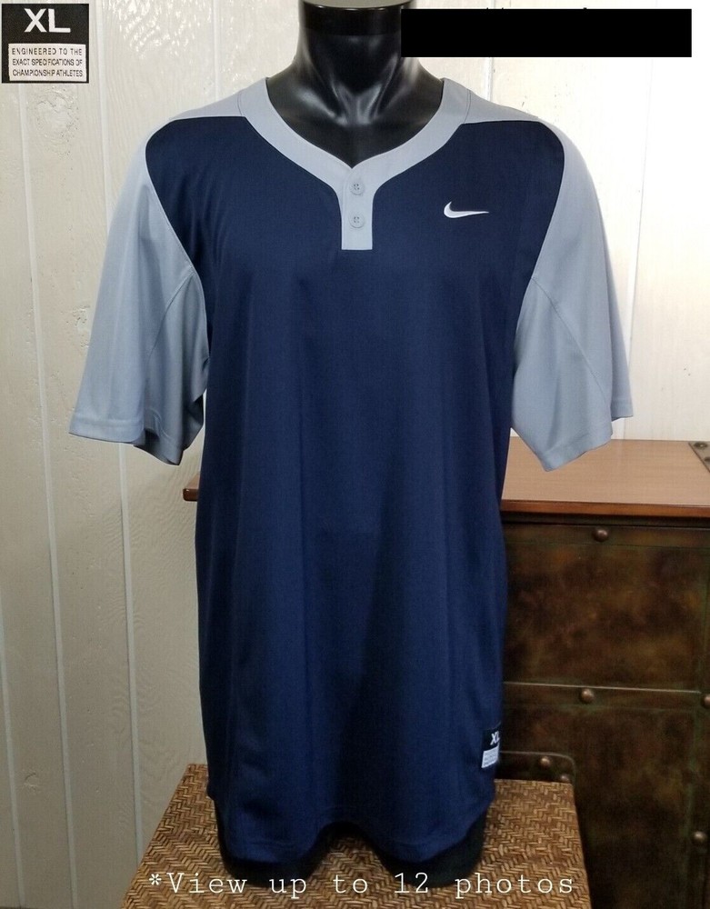 Nike Dri-Fit 2 Button Athletic S/S Navy Blue Gray Activewear Shirt Top Sz XL