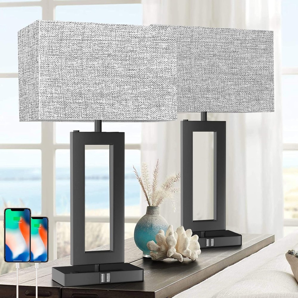 22-Inch Dual USB Touch Control Table Lamps Set in Grey with Daylight LED