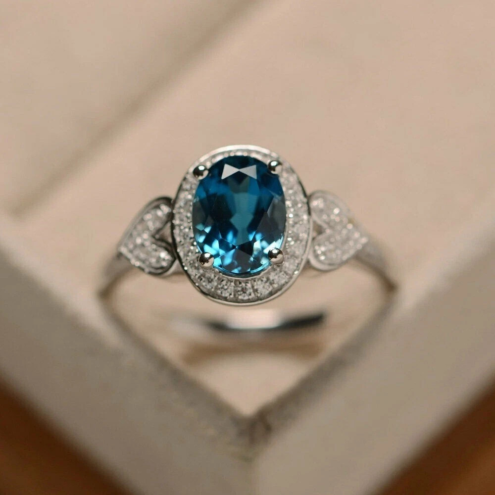 2.56 Ct Oval Cut Blue Topaz Halo Women Ring 14K White Gold