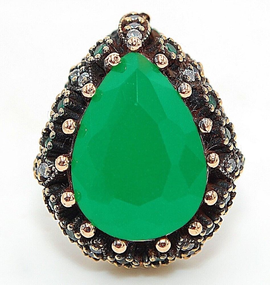 14CT Treated Emerald Ottoman Style 925 Sterling Silver Ring Size 8 HB2-6