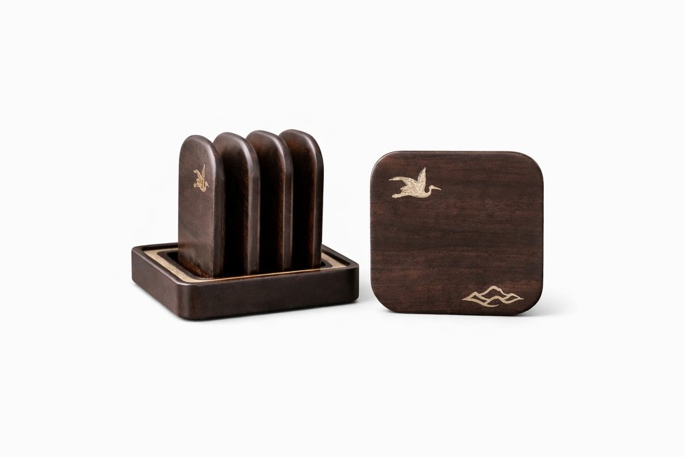 Mini Wooden Coaster Set Shot Glass Espresso Rustic Coasters w Holder