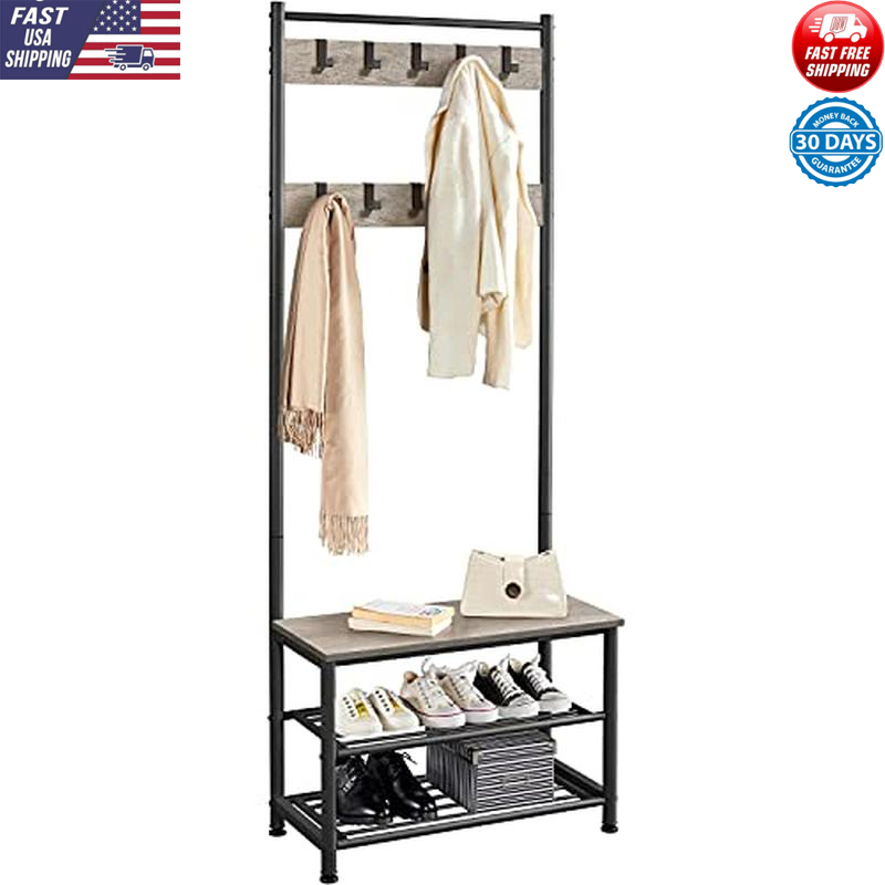 Entryway Coat Rack Bench Shoe Storage 9 Hooks Industrial Organizer Furniture New