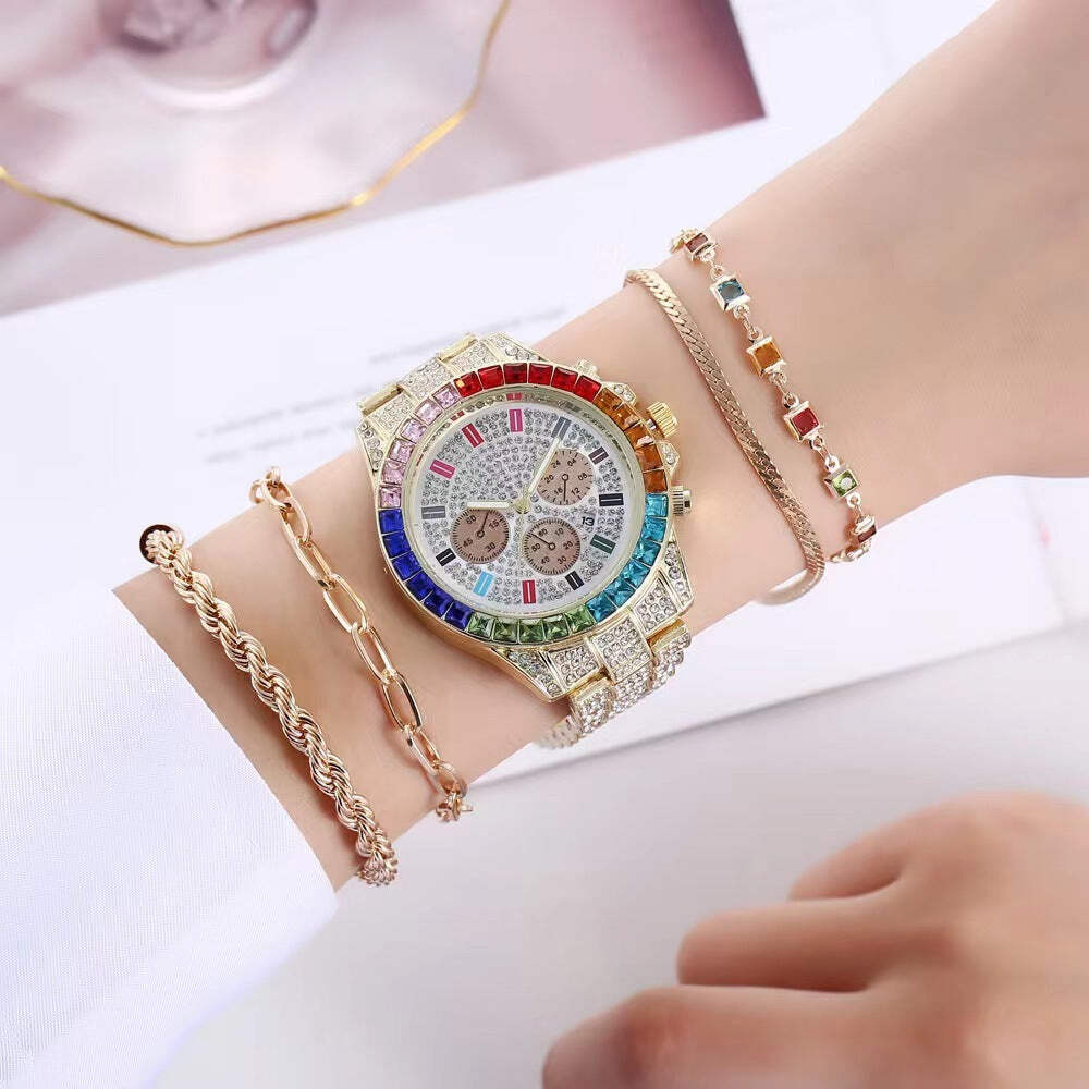 Women's Fashion Round Diamond Calendar Wrist Watch with Rose Gold Alloy Bracelet