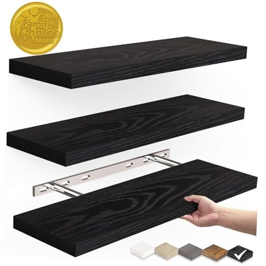 Rustic Black 16-Inch Floating Wood Wall Shelves  