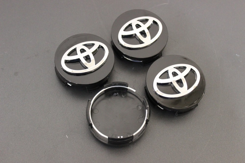 (4) TOYOTA WHEEL RIMS CENTER HUB CAP CAPS BLACK BASE CHROME LOGO 62MM CAMRY