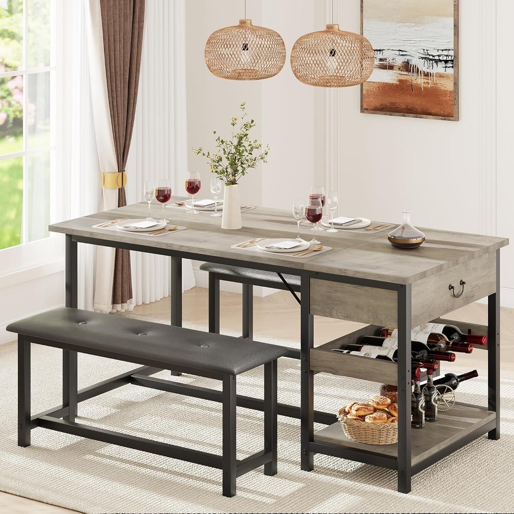 4-Piece Kitchen Dining Set with Benches, Drawers & Wine Rack  
