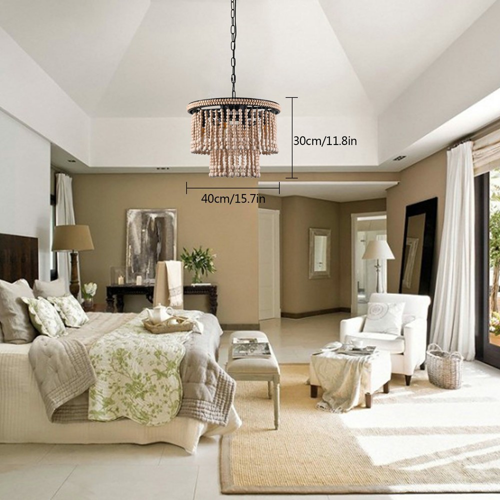 4-Light White Wood Bead Pendant Bohemian Rustic Ceiling Lamp Light Fixtures E12