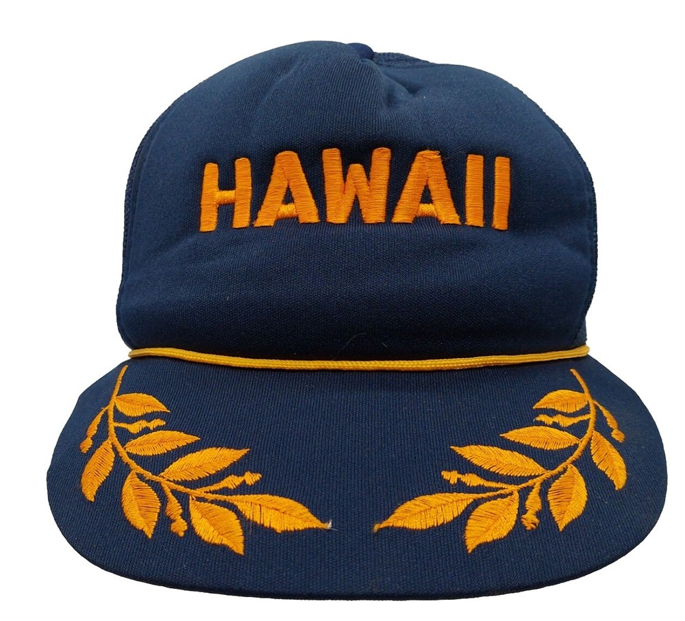 Hawaii Truckers Hat Blue Snap back Mesh Rope Golden Leaves  Embroidered
