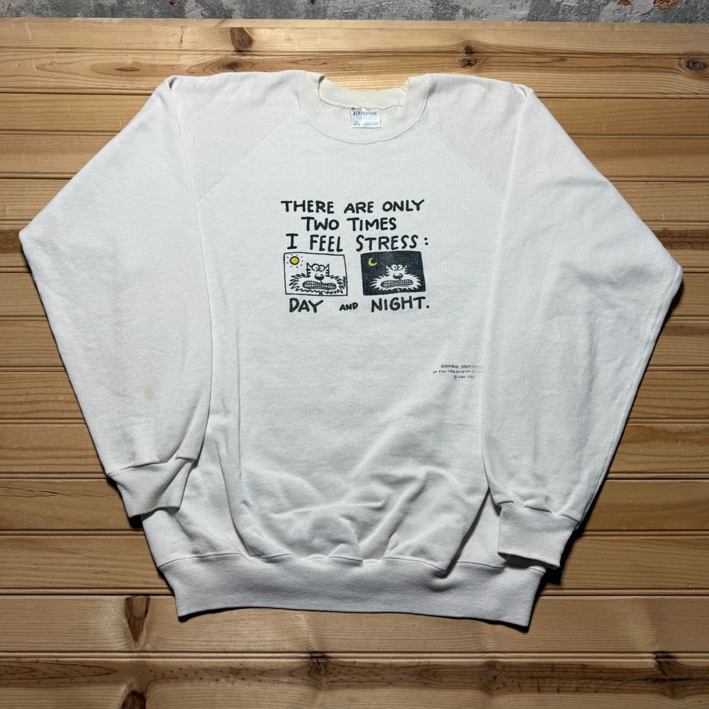 Vintage 80s Stress Day and Night Cat Funny Crewneck Pullover Sweatshirt USA - XL