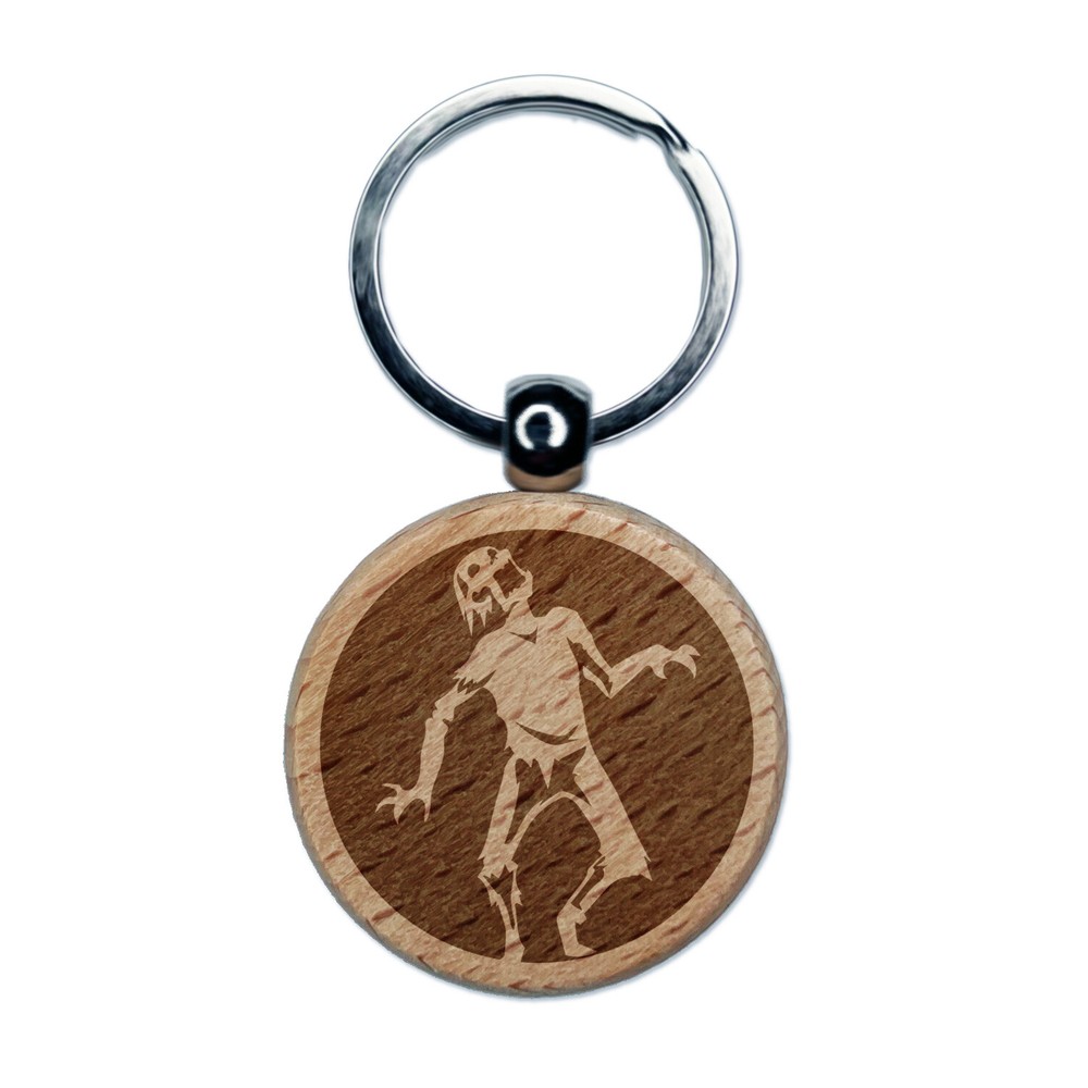 Zombie Shambling Walking Undead Engraved Wood Round Keychain Tag Charm