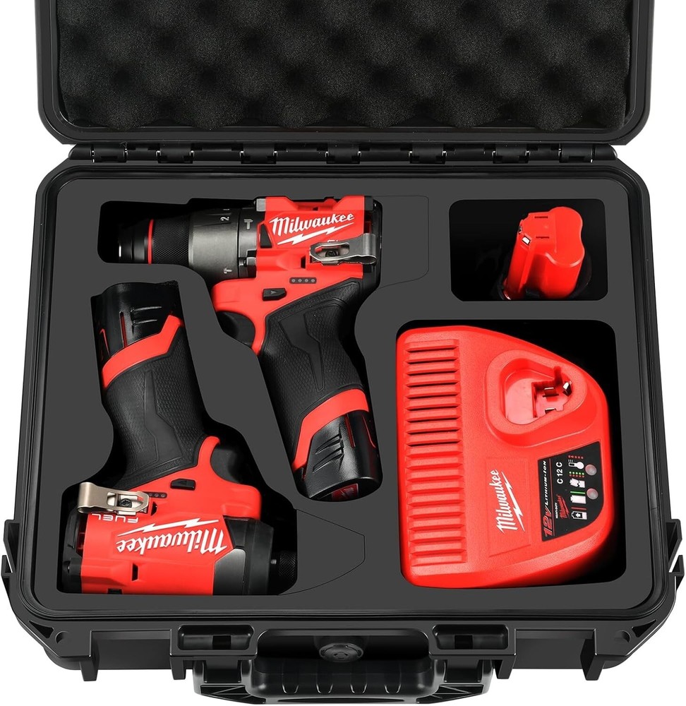 Milwaukee M12 Impact Driver & Drill Set Case - Waterproof Tool Box with Removable Foam