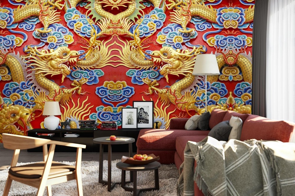 3D Golden Dragon Cloud Peel and Stick Wallpaper ZHUA51055 Self-Adhesive Wall Mural