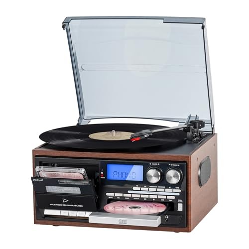 9-in-1 Bluetooth Record Player with Built-in Stereo in Light Brown T408  