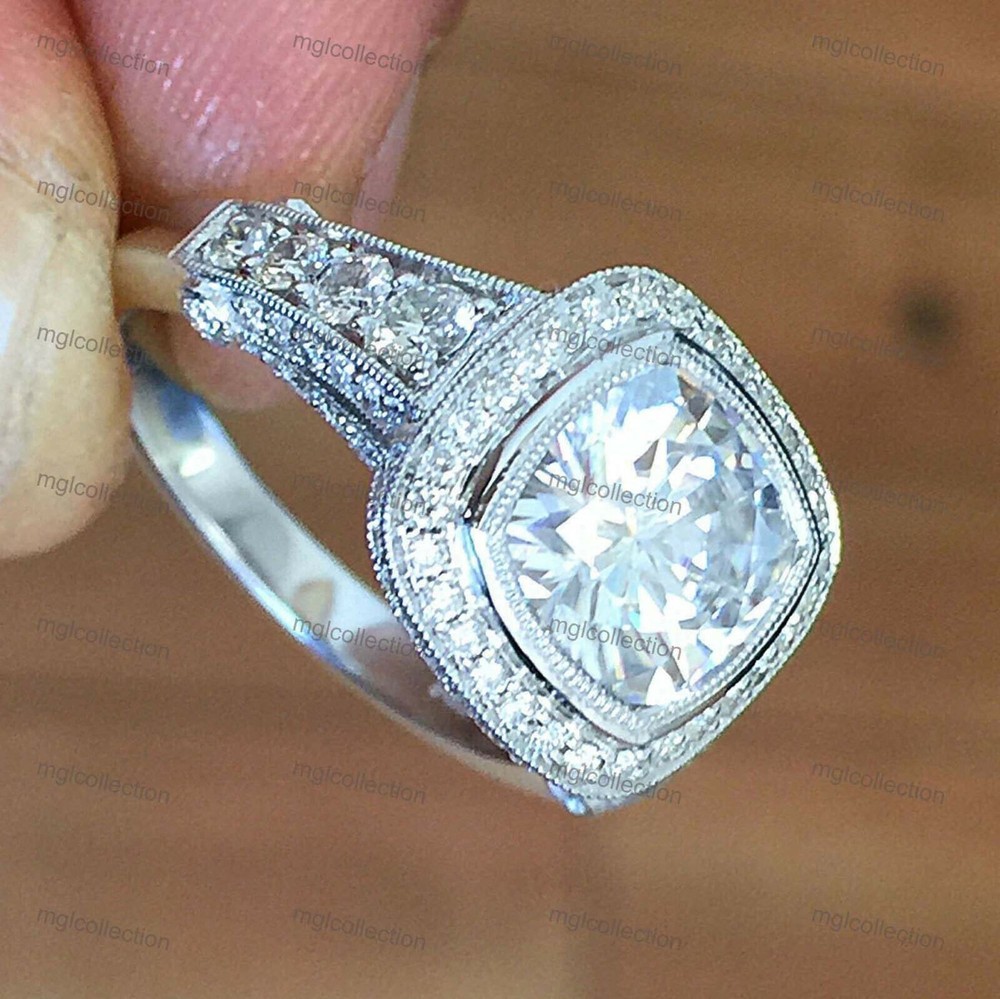 White Gold Plated 3 Ct Cushion Cut Simulated Diamond Halo Engagement Ring Silver