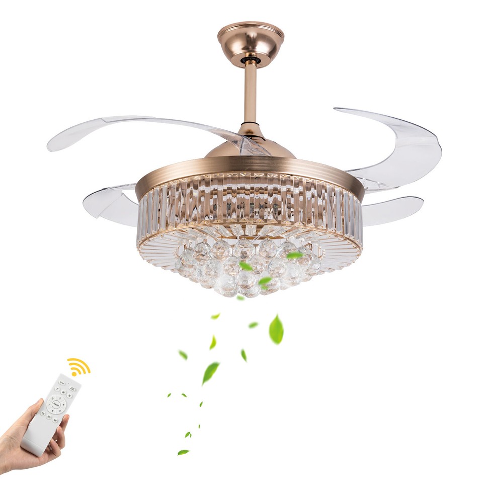 42-Inch Crystal Chandelier Ceiling Fan with Invisible Blades, 3-Color LED & Remote Control