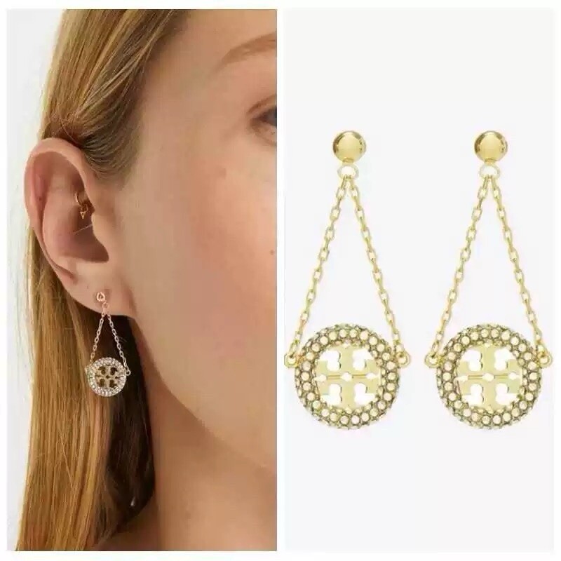 Tory Burch Lady Crystal Earrings Classic Double T Logo Elegant Fashion