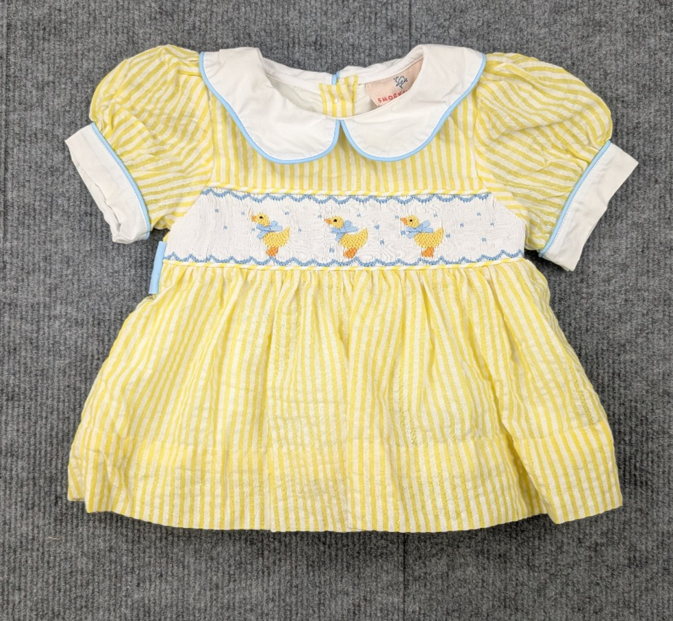 Smockingbird Smocked Dress Baby Girl 18M Seersucker Retro Peter Pan Collar Duck