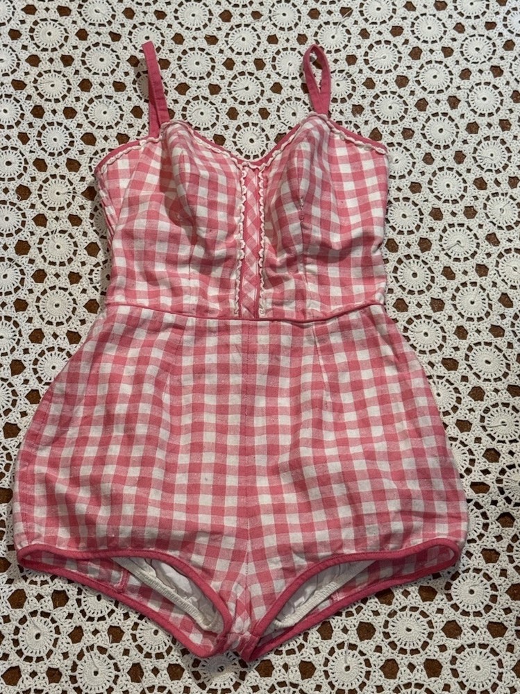 Vintage Catalina Swimsuit Romper Womens Sz 16 50s 60s Pinup Playsuit Pink Plaid