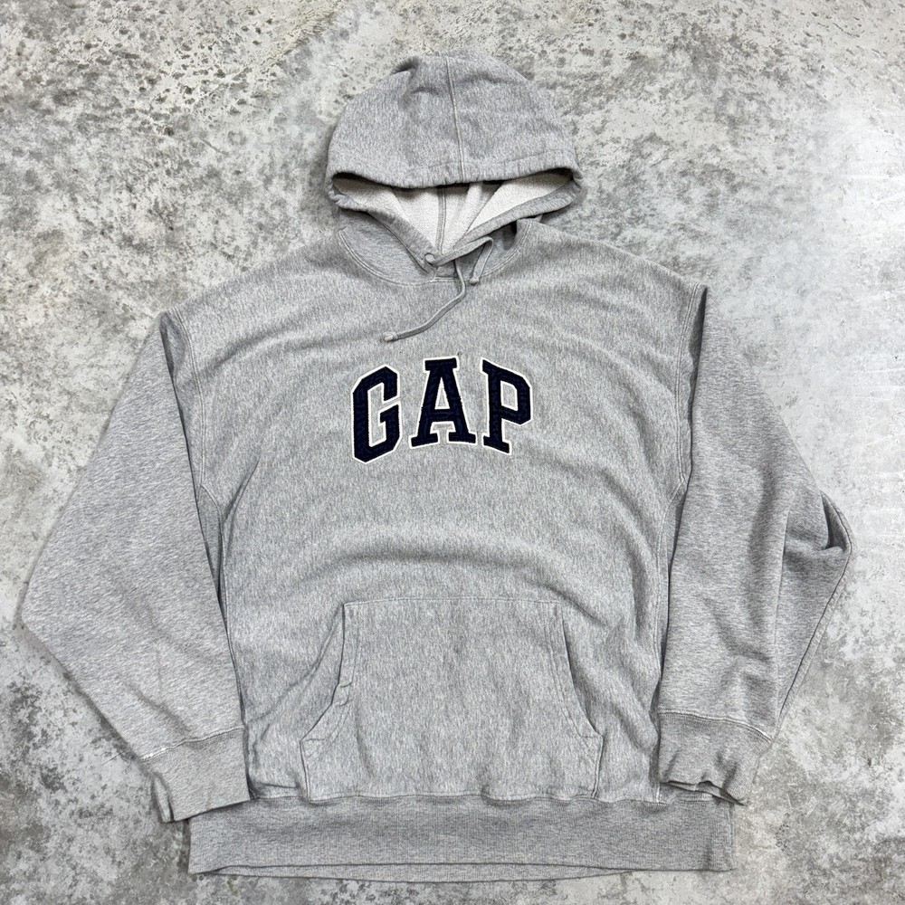 GAP Hoodie Sweatshirt Mens Large Gray Logo Pullover Fleece Kangaroo Pocket