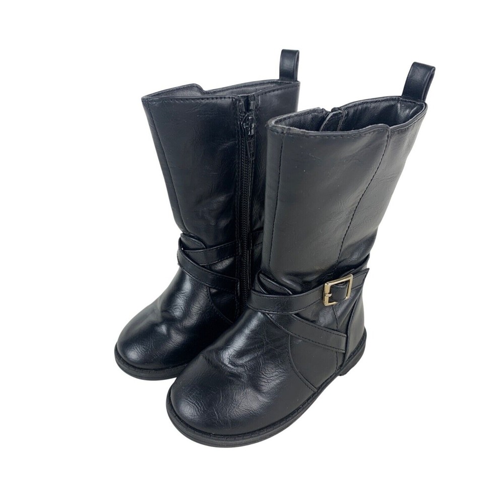 Girls Black Faux Leather Mid-Calf Boots With Buckle & Side Zipper Size 6