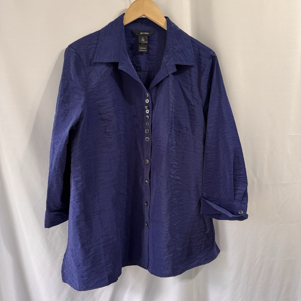 Ali Miles Sz Medium Navy Blue Button Blouse Shirt Top Wearable Art To Wear Artsy