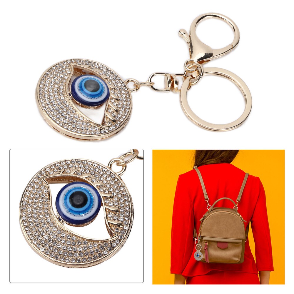 Rhinestone Keychain with Blue Turkish Evil Eye Charm for Bags and Purses