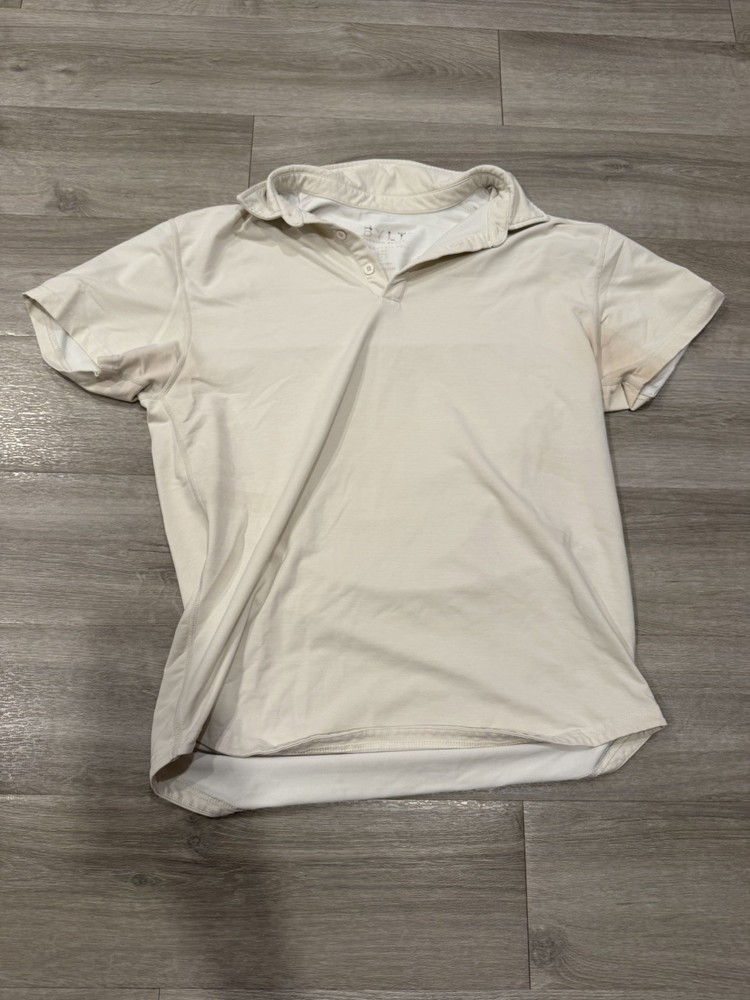BYLT Polo Shirt Men Large Bone White LUX Short Sleeve Drop Cut Stretch Casual