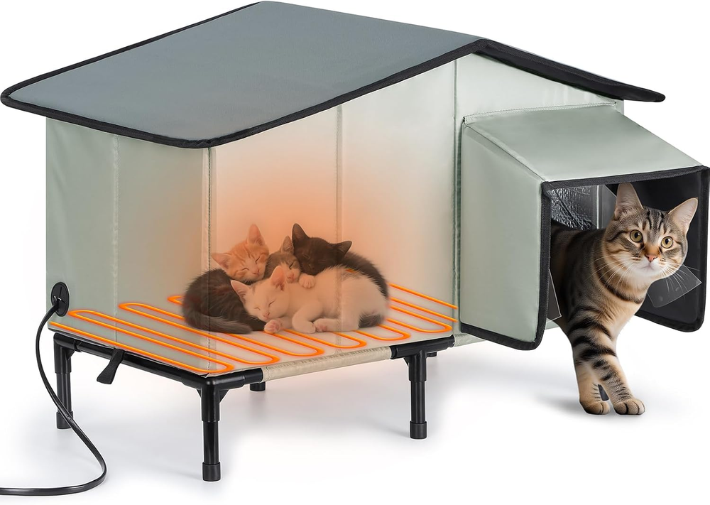 Outdoor Heated Cat House Weatherproof Insulated Feral Cat Shelter Elevated Gray