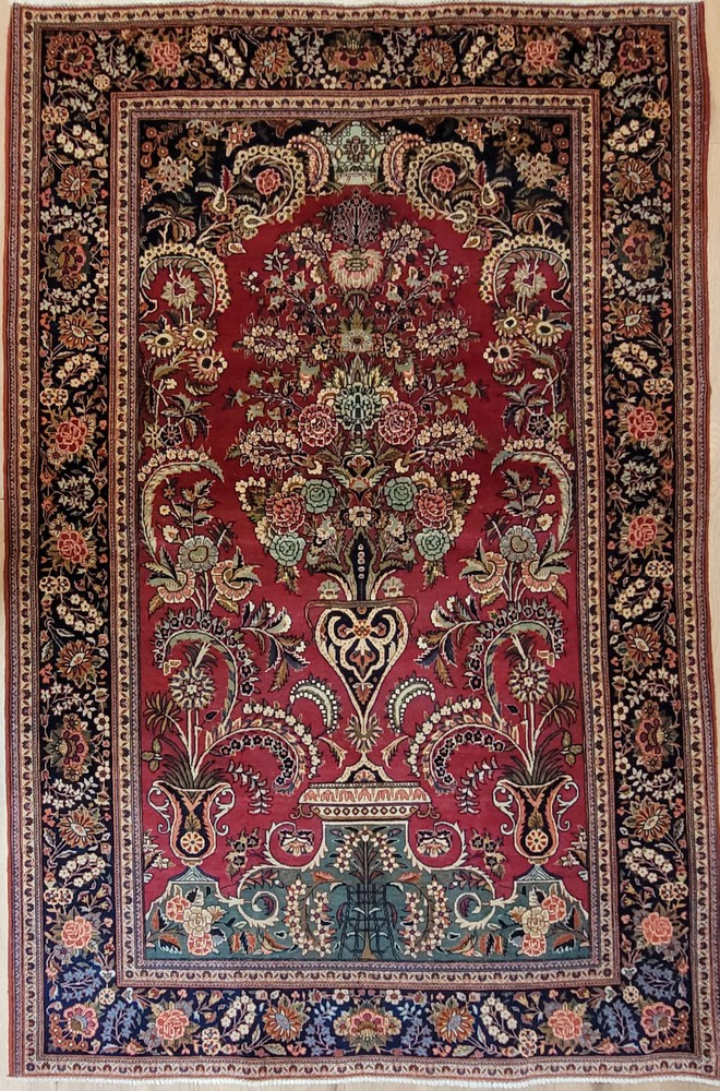 Keshan Rug Cork Wool Floral Vase Motif Fine Knotting