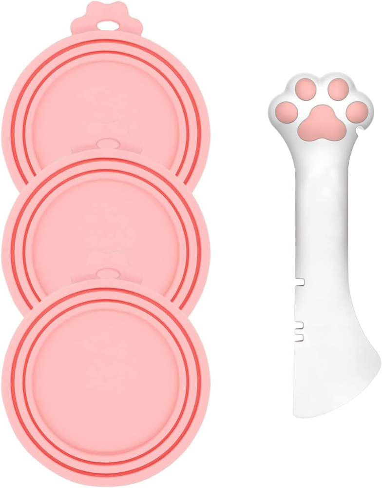 3 Pcs Pet Food Can Lids & One Can Spoon | Cute Paw Shape Opener Spatula Cat Wet