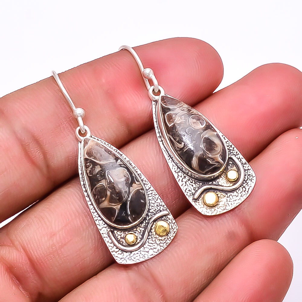 Turritella Agate - Wyoming 925 Sterling Silver Two Tone Earring 2.03