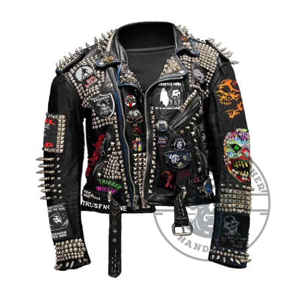 Mens Handmade Punk Spiked Studded Leather Jacket Hand Painted Style